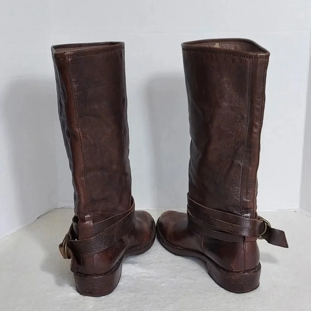 Vintage Shoe Company Distressed Brown Leather Boots Wrap Around Buckle Straps